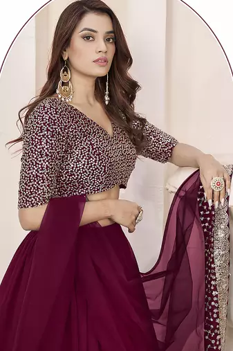 Wine Faux Georgette Embroidered Flared Readymade Style Lehenga Choli