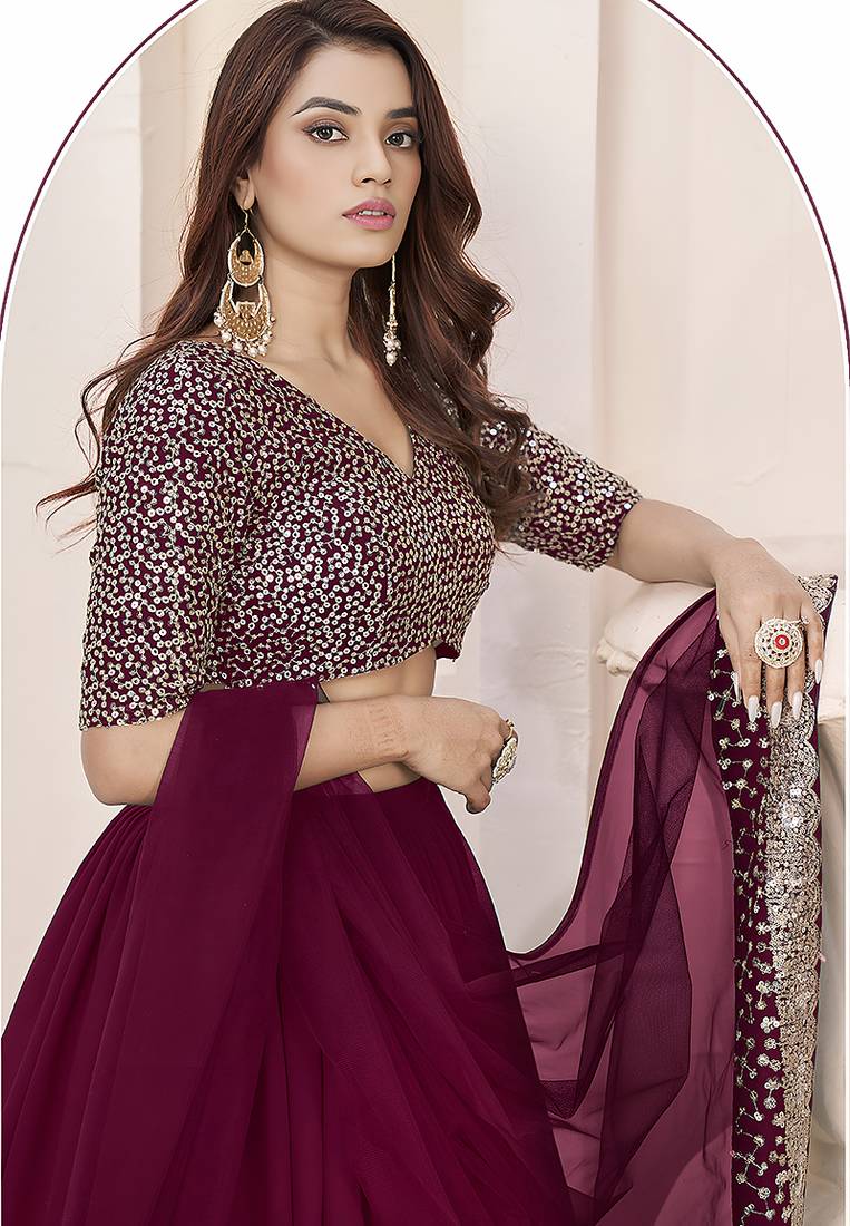 Wine Faux Georgette Embroidered Flared Readymade Style Lehenga Choli