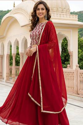 Red Faux Georgette Embroidered Readymade Lehenga Choli Set with Dupatta 3