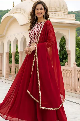 Red Faux Georgette Embroidered Readymade Lehenga Choli Set with Dupatta