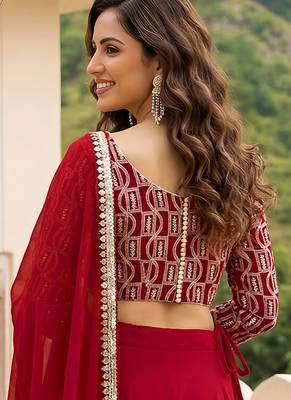 Red Faux Georgette Embroidered Readymade Lehenga Choli Set with Dupatta 4