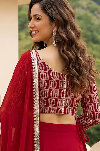 Red Faux Georgette Embroidered Readymade Lehenga Choli Set with Dupatta
