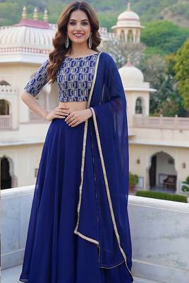 Royal Blue Faux Georgette Embroidered Readymade Lehenga Choli Set with Dupatta 1