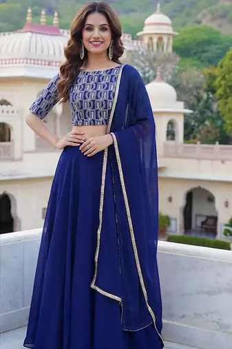 Royal Blue Faux Georgette Embroidered Readymade Lehenga Choli Set with Dupatta