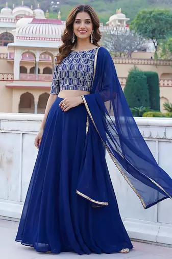 Royal Blue Faux Georgette Embroidered Readymade Lehenga Choli Set with Dupatta