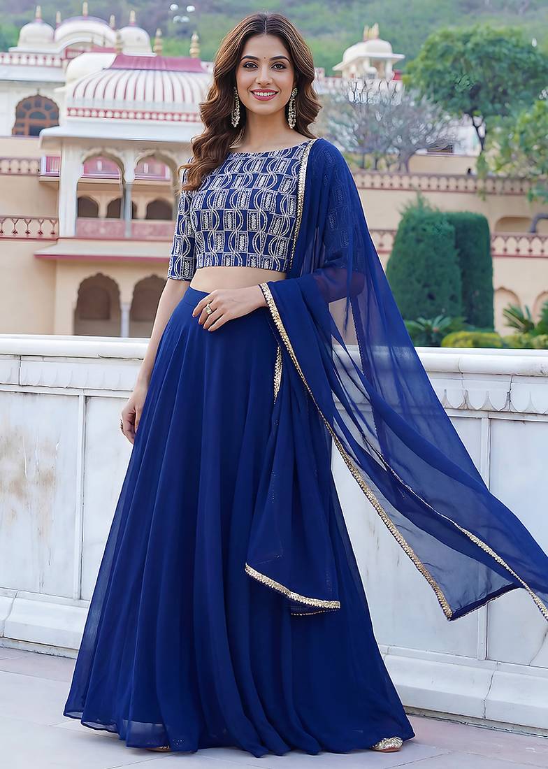 Royal Blue Faux Georgette Embroidered Readymade Lehenga Choli Set with Dupatta