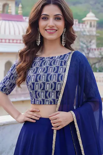 Royal Blue Faux Georgette Embroidered Readymade Lehenga Choli Set with Dupatta