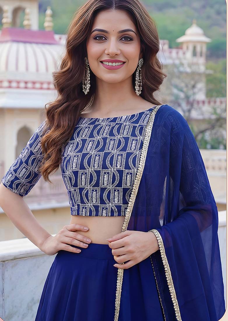 Royal Blue Faux Georgette Embroidered Readymade Lehenga Choli Set with Dupatta