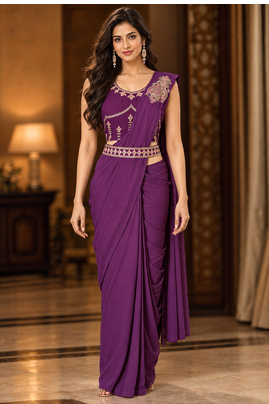Women   s Georgette Patch work Ready to Wear Saree with Embroidered Stitched Blouse & Designer Waist Belt  1