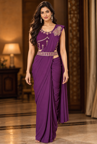Women   s Georgette Patch work Ready to Wear Saree with Embroidered Stitched Blouse & Designer Waist Belt 