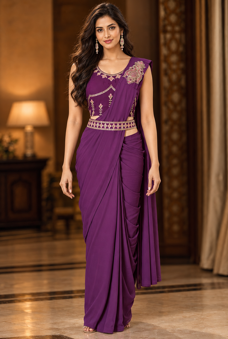 Women   s Georgette Patch work Ready to Wear Saree with Embroidered Stitched Blouse & Designer Waist Belt 