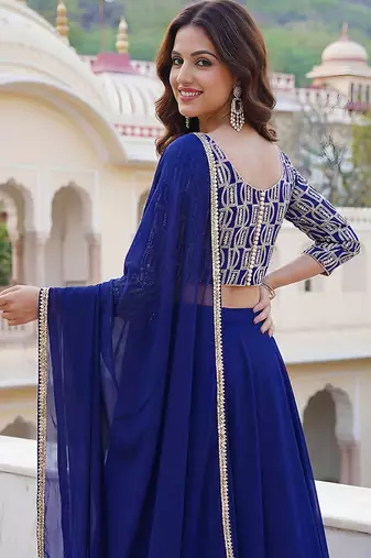 Royal Blue Faux Georgette Embroidered Readymade Lehenga Choli Set with Dupatta
