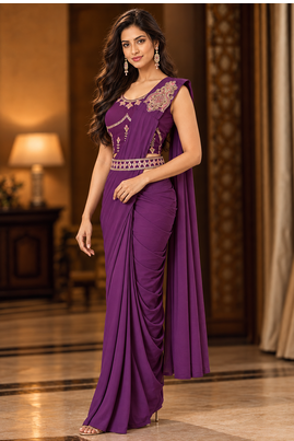Women   s Georgette Patch work Ready to Wear Saree with Embroidered Stitched Blouse & Designer Waist Belt  2