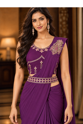 Women   s Georgette Patch work Ready to Wear Saree with Embroidered Stitched Blouse & Designer Waist Belt  3