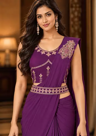 Women   s Georgette Patch work Ready to Wear Saree with Embroidered Stitched Blouse & Designer Waist Belt 