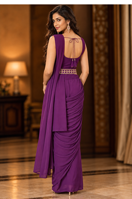 Women   s Georgette Patch work Ready to Wear Saree with Embroidered Stitched Blouse & Designer Waist Belt  5