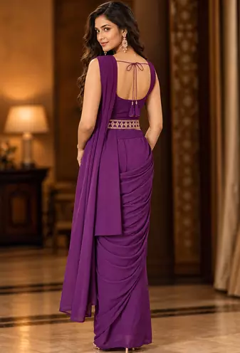 Women   s Georgette Patch work Ready to Wear Saree with Embroidered Stitched Blouse & Designer Waist Belt 