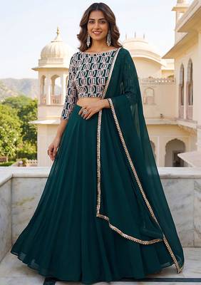 Bottle green Faux Georgette Embroidered Readymade Lehenga Choli Set with Dupatta 1