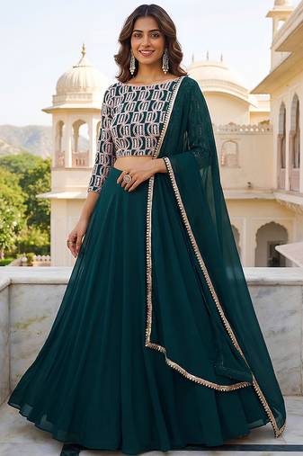 Bottle green Faux Georgette Embroidered Readymade Lehenga Choli Set with Dupatta