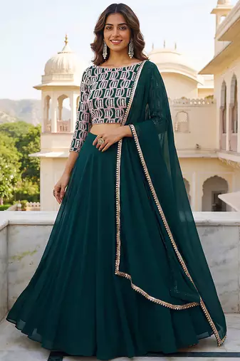 Bottle green Faux Georgette Embroidered Readymade Lehenga Choli Set with Dupatta
