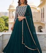 Bottle green Faux Georgette Embroidered Readymade Lehenga Choli Set with Dupatta