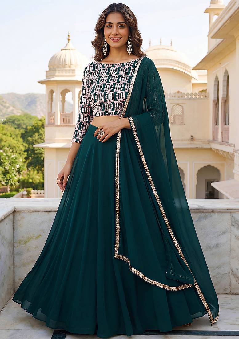 Bottle green Faux Georgette Embroidered Readymade Lehenga Choli Set with Dupatta