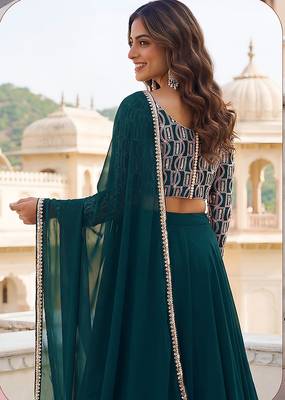 Bottle green Faux Georgette Embroidered Readymade Lehenga Choli Set with Dupatta 2