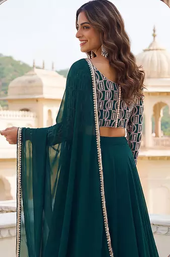 Bottle green Faux Georgette Embroidered Readymade Lehenga Choli Set with Dupatta