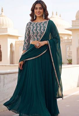 Bottle green Faux Georgette Embroidered Readymade Lehenga Choli Set with Dupatta 3