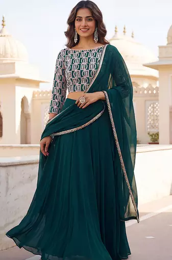 Bottle green Faux Georgette Embroidered Readymade Lehenga Choli Set with Dupatta