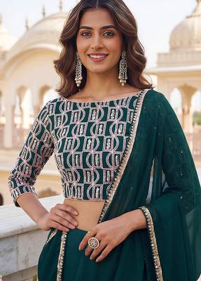 Bottle green Faux Georgette Embroidered Readymade Lehenga Choli Set with Dupatta 4
