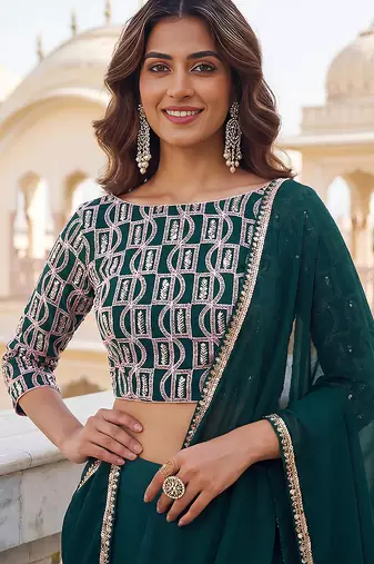Bottle green Faux Georgette Embroidered Readymade Lehenga Choli Set with Dupatta