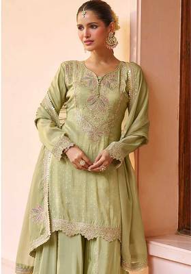Light olive embroidered chinon readymade palazzo suit 2