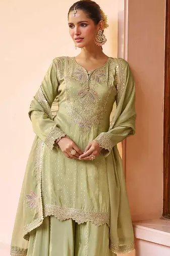 Light olive embroidered chinon readymade palazzo suit