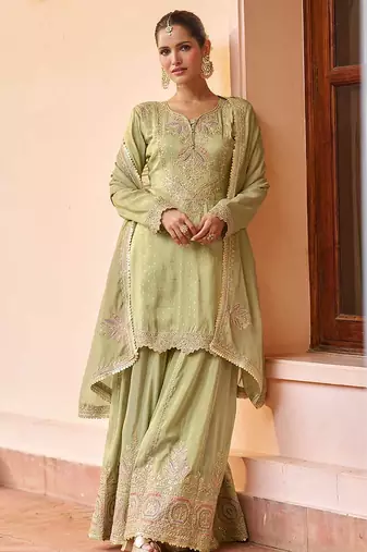 Light olive embroidered chinon readymade palazzo suit