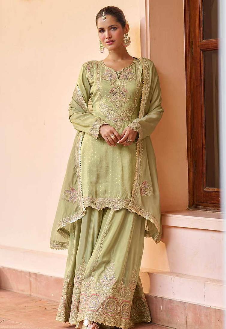Light olive embroidered chinon readymade palazzo suit