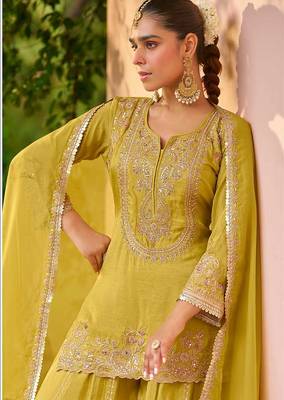 Lemon yellow embroidered chinon readymade palazzo suit 1