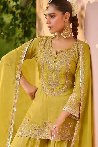 Lemon yellow embroidered chinon readymade palazzo suit