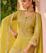 Lemon yellow embroidered chinon readymade palazzo suit