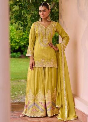 Lemon yellow embroidered chinon readymade palazzo suit 2