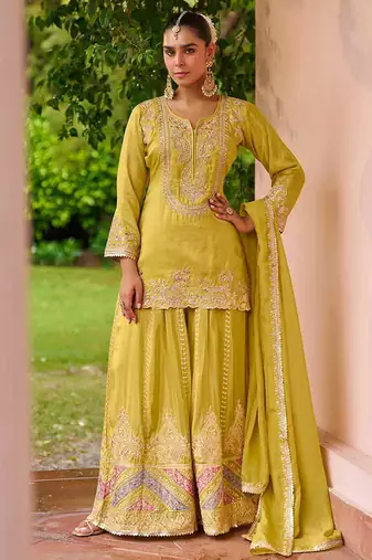 Lemon yellow embroidered chinon readymade palazzo suit