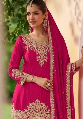 Rani pink embroidered chinon readymade palazzo suit 2