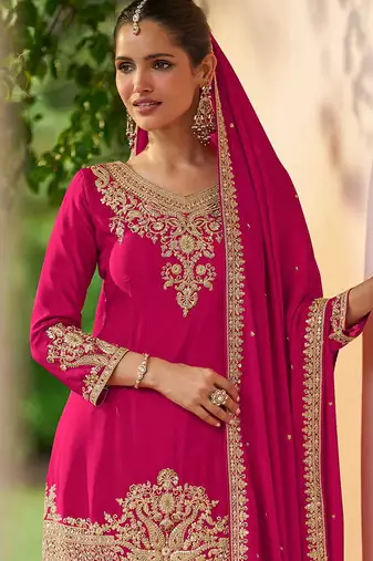 Rani pink embroidered chinon readymade palazzo suit