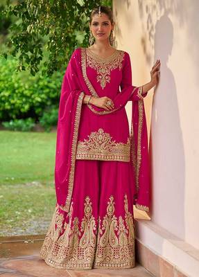Rani pink embroidered chinon readymade palazzo suit 1