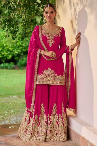 Rani pink embroidered chinon readymade palazzo suit
