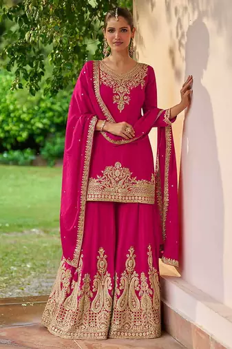 Rani pink embroidered chinon readymade palazzo suit