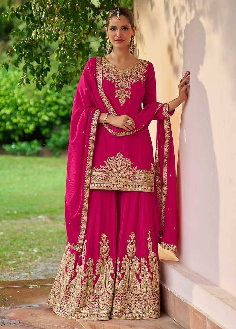 Rani pink embroidered chinon readymade palazzo suit