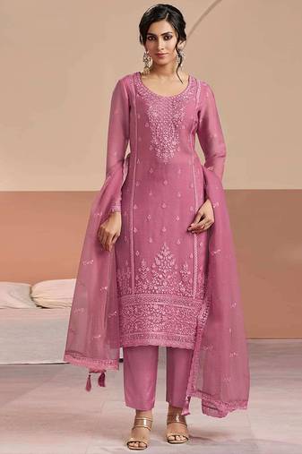 Embroidered pink chiffon readymade salwar kameez