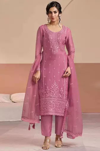 Embroidered pink chiffon readymade salwar kameez