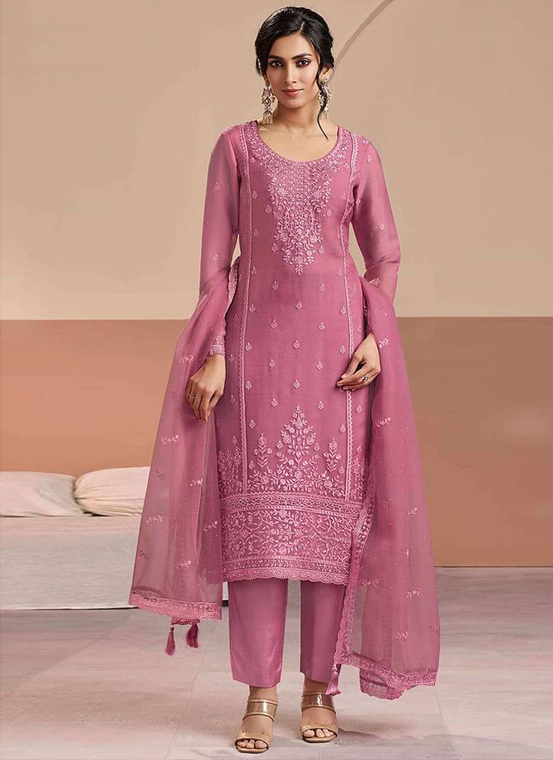 Embroidered pink chiffon readymade salwar kameez